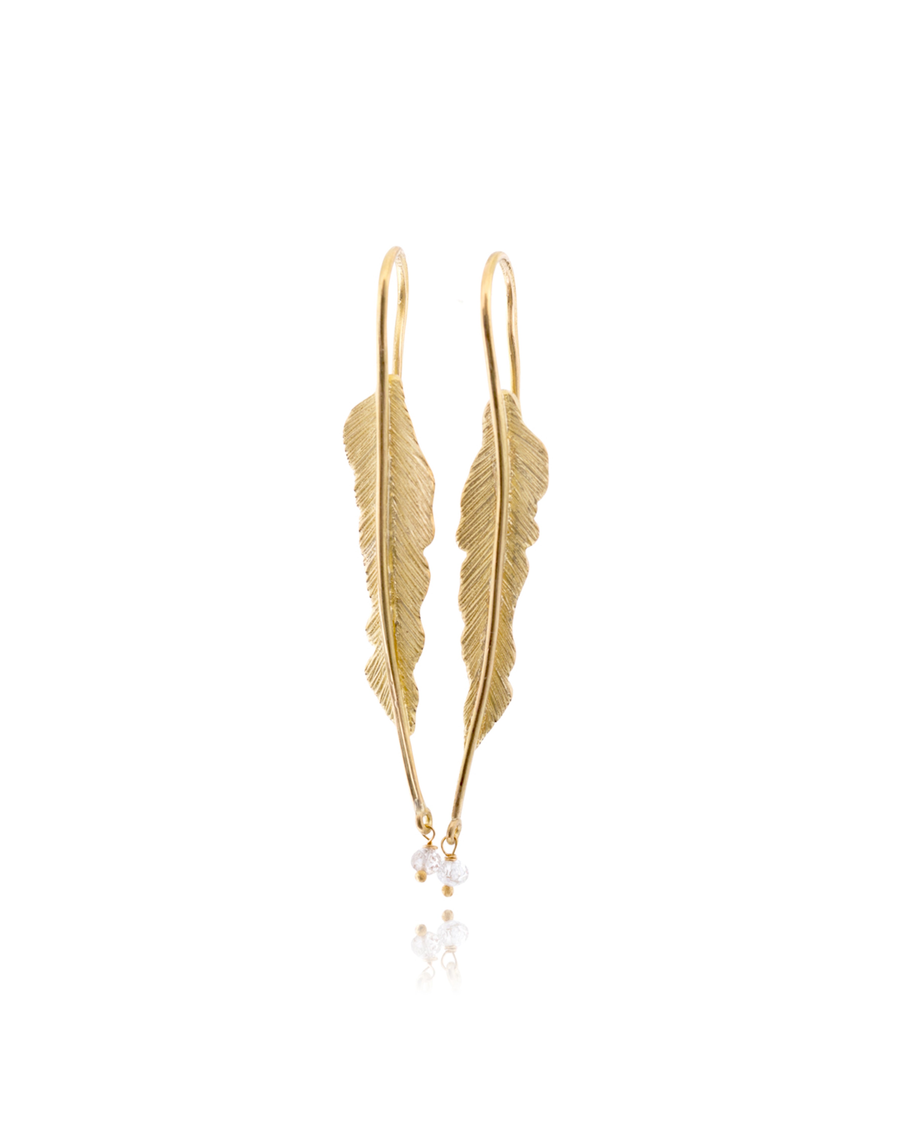 lene vibe, 18k gold feather earrings with diamond beads