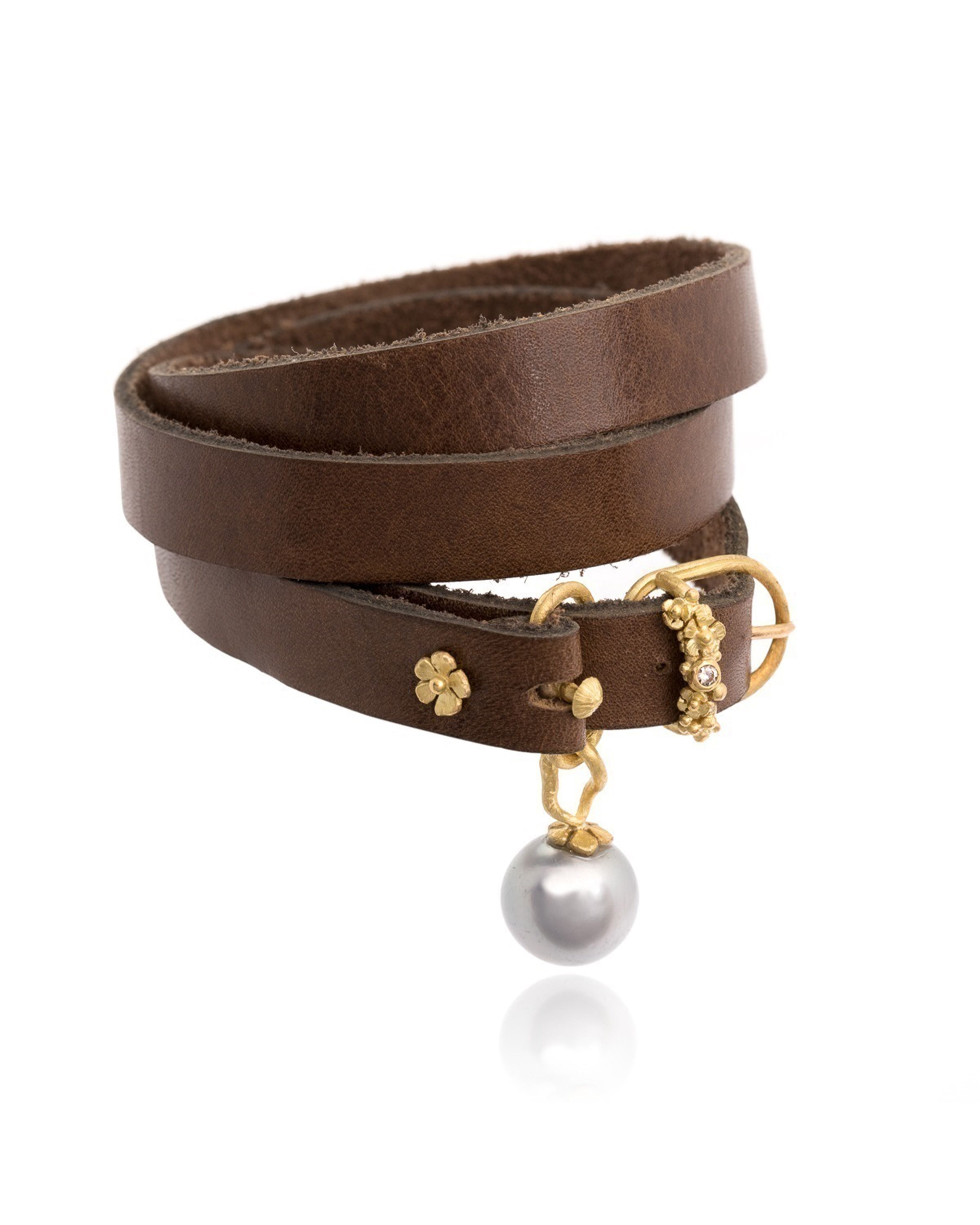 lene vibe, 18k gold with leather bracelet - diamonds + pearl