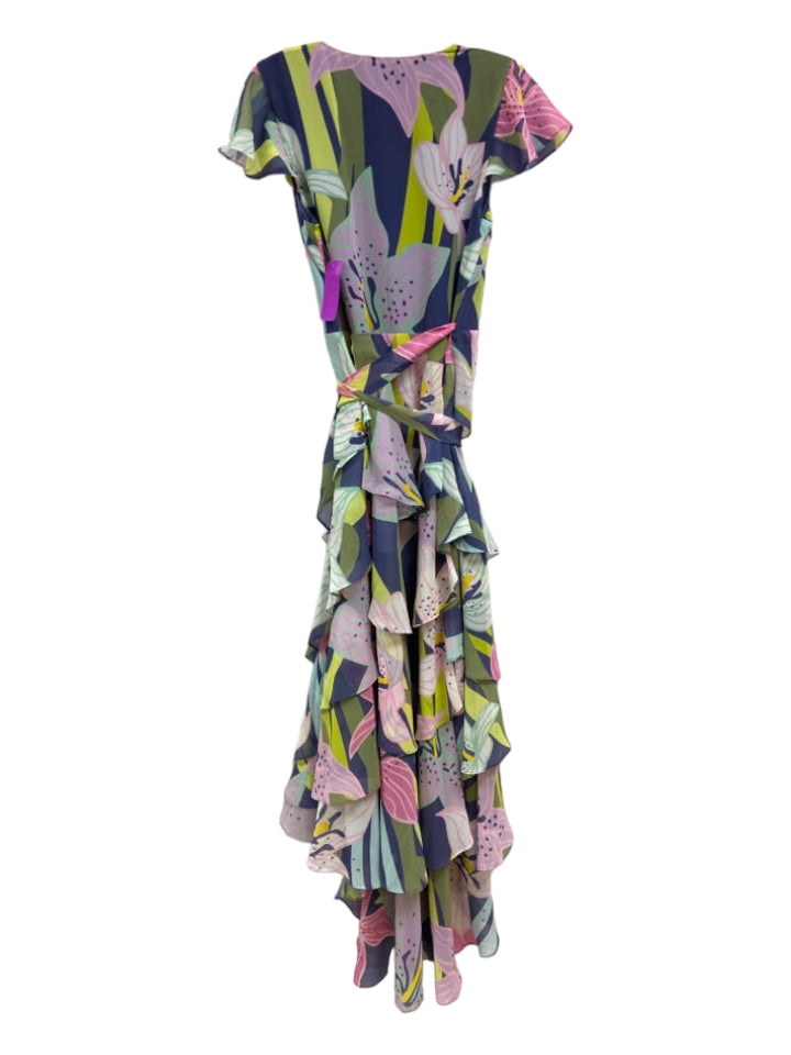 Hutch, Hutch Size S Purple & Green Polyester Tiered Ruffles Sleeveless Maxi Wrap Dress