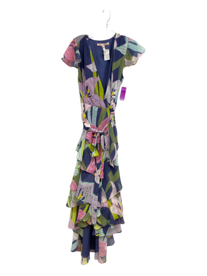 Hutch, Hutch Size S Purple & Green Polyester Tiered Ruffles Sleeveless Maxi Wrap Dress