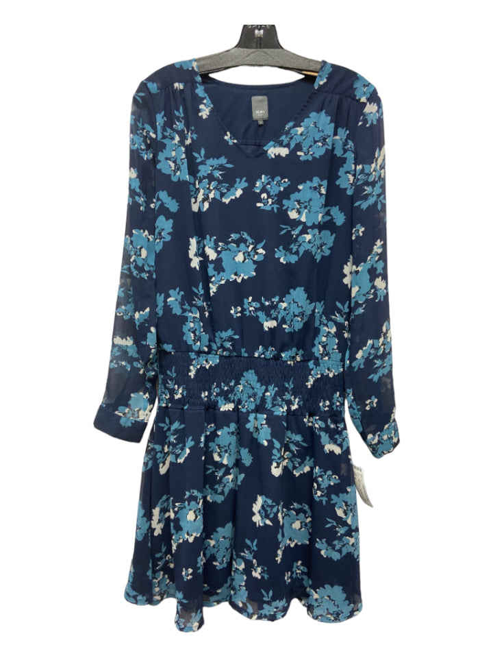 Ichi, Ichi Size S Blue & Aqua Polyester Sheer Overlay Floral V Neck Long Sleeve Dress