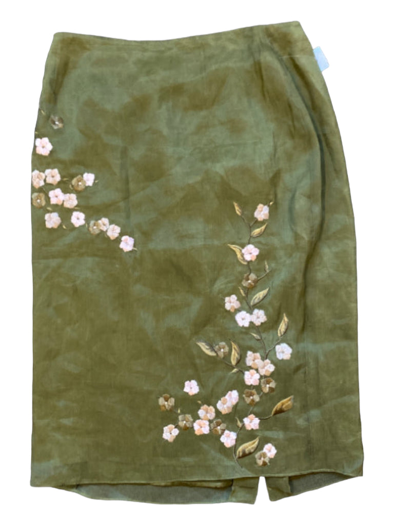 Inc, Inc Size 6 Green Silk High Waist Knee Length Layered Floral Embroidery Skirt