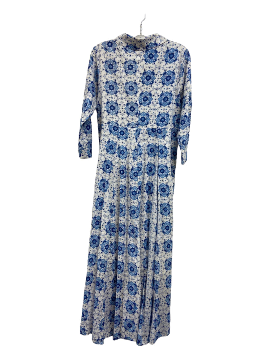 India Amory, India Amory Size 1/S Blue & White Cotton Button Down Collar Floral Dress