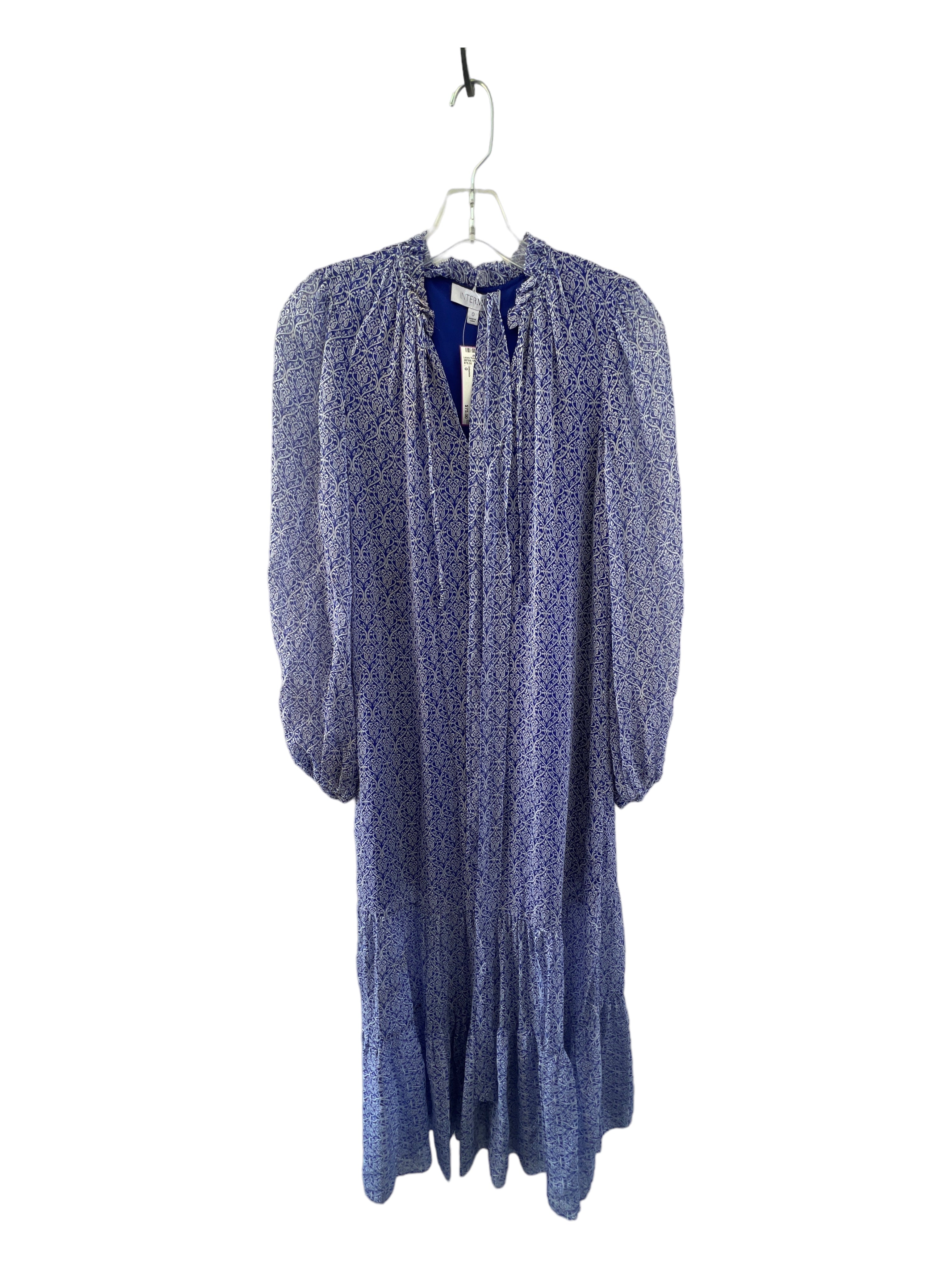 Intermix, Intermix Size 0 Blue & White Silk & Polyester Long Sleeve V Neck Maxi Dress