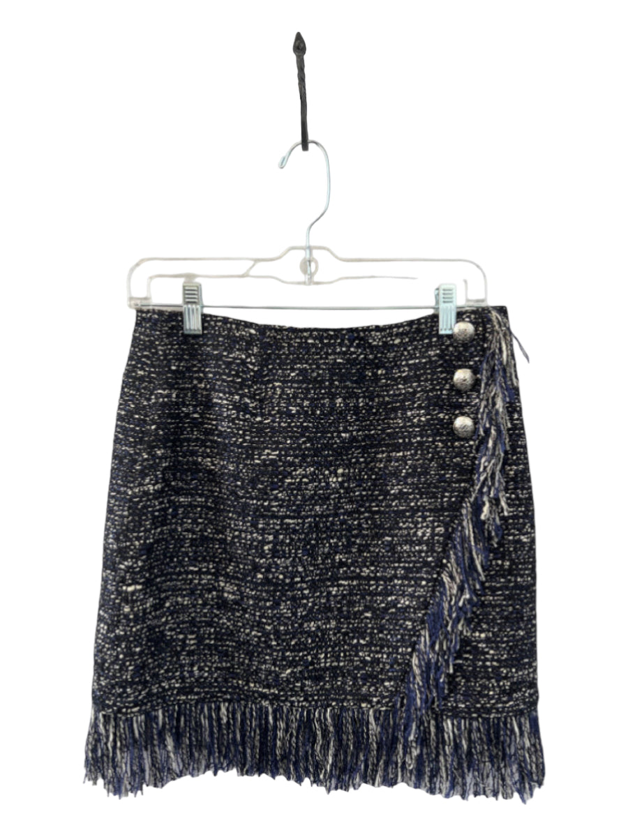 Intermix, Intermix Size 8 BLack, White, Blue Polyacrylic Blend Back Zip Fringe Skirt