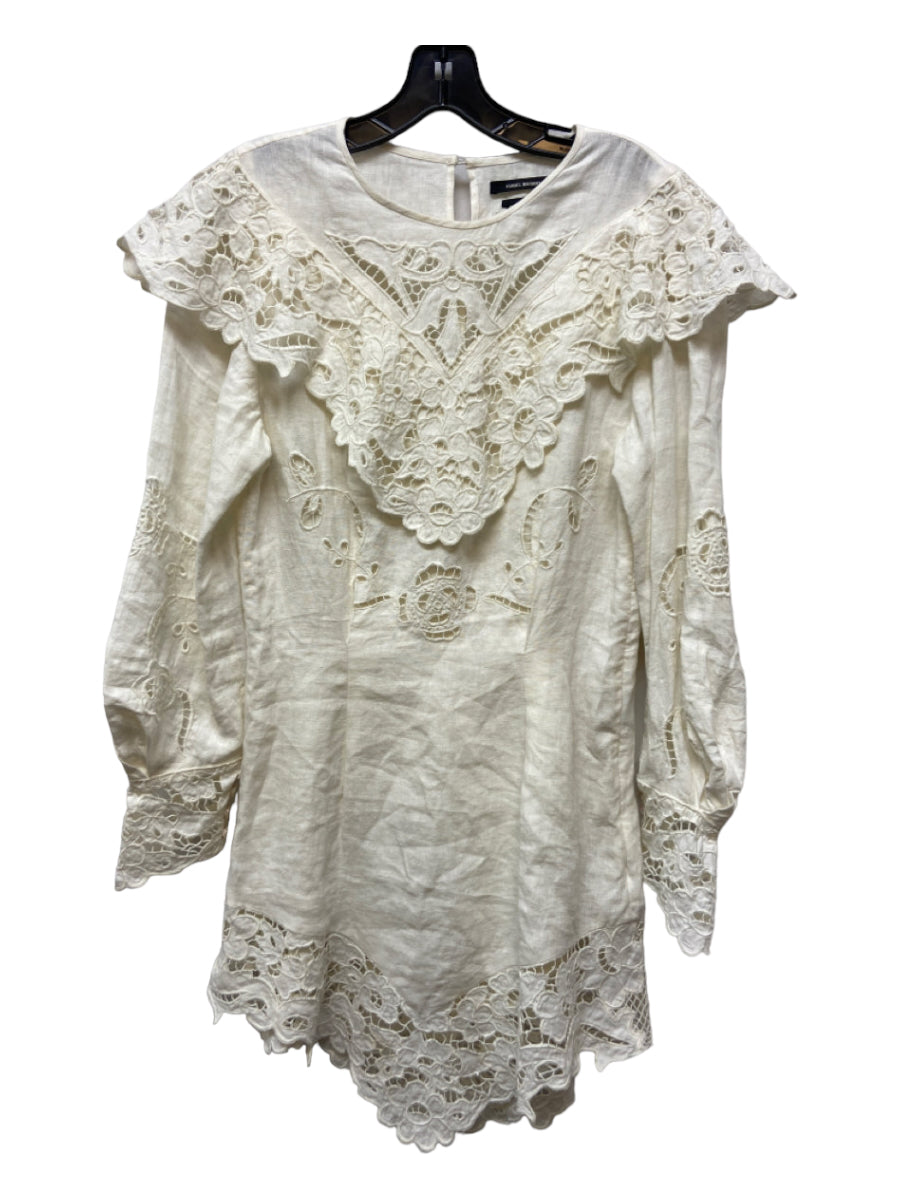 Isabel Marant, Isabel Marant Size 38 White Linen Pop Over Lace Trim Long Sleeve Dress