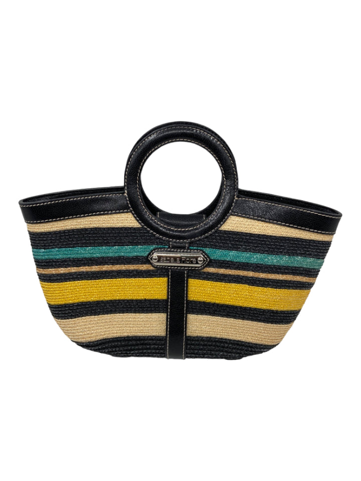 Isabella Fiore, Isabella Fiore Yellow, Beige, Blue Raffia & Leather Top Handle Bag