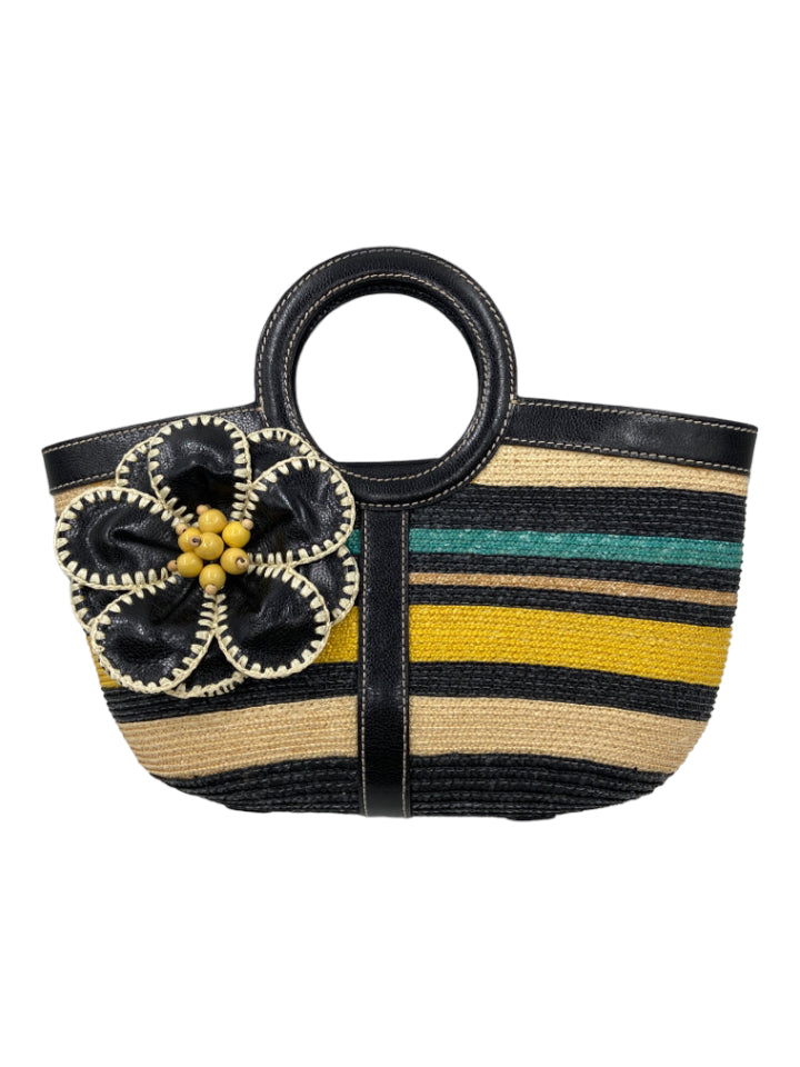 Isabella Fiore, Isabella Fiore Yellow, Beige, Blue Raffia & Leather Top Handle Bag