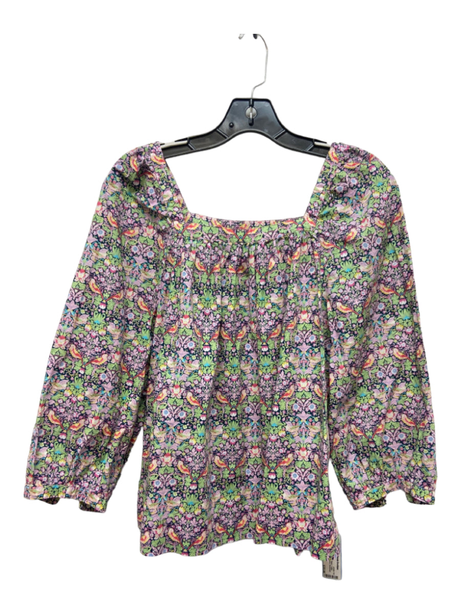 J. Crew, J Crew Size 4 Green, Pink, Orange & Black Cotton Floral Square Long Sleeve Top