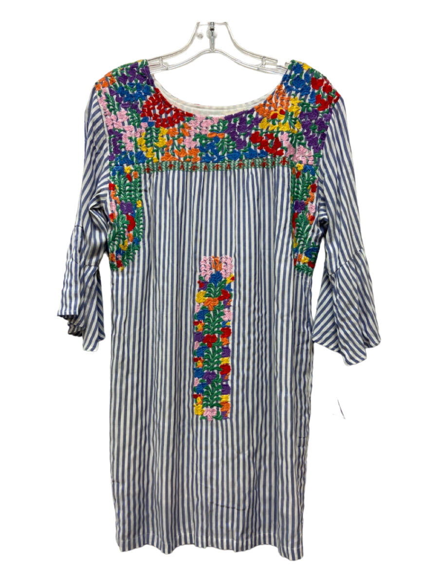 J. Marie, J. Marie Size S Blue, White, Multi Rayon Floral Embroidery 3/4 Sleeve Dress