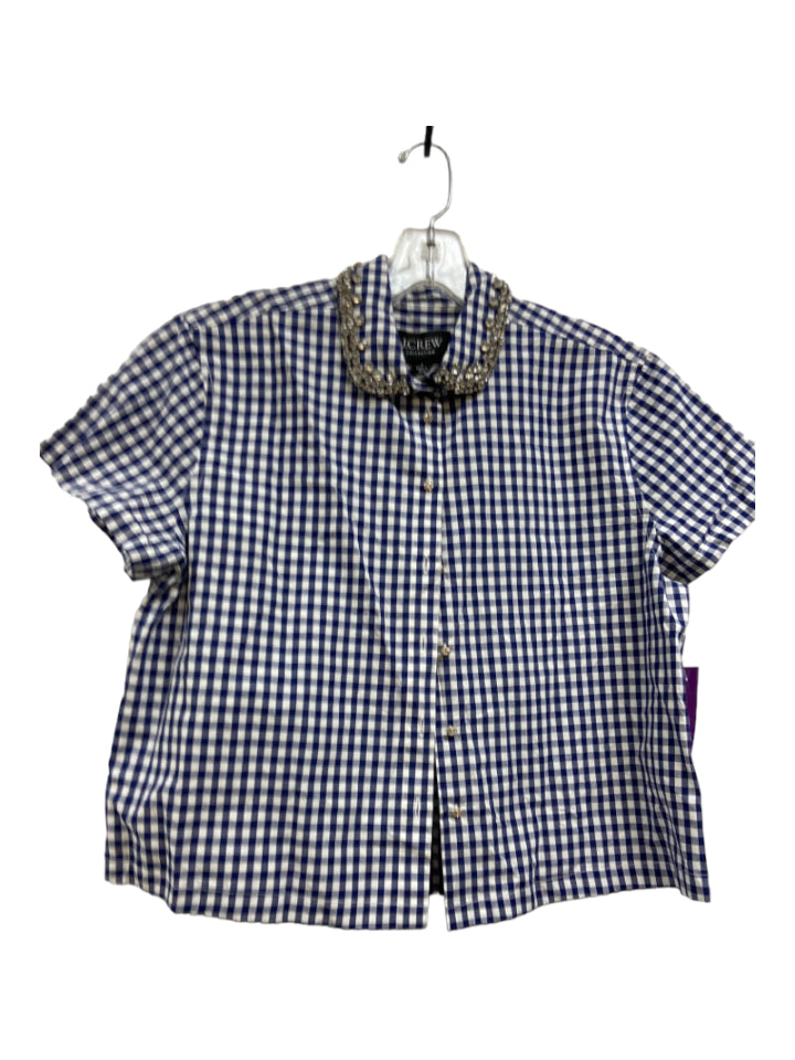 J.Crew Black Label, J.Crew Black Label Size 2 Blue & White Cotton Plaid Rhinestone Detail Top