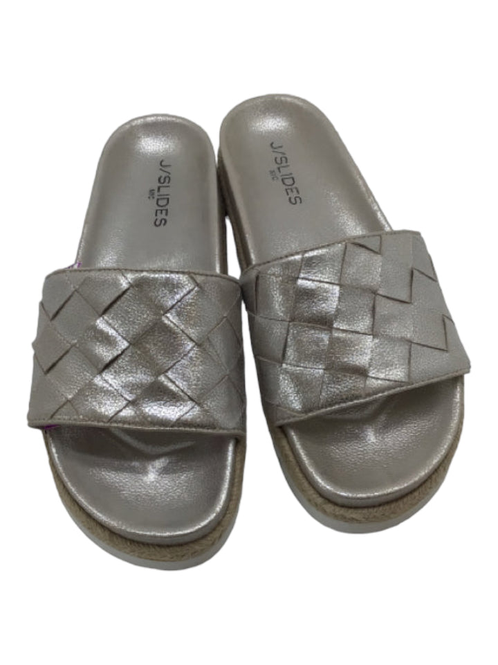 J Slides, J/Slides Shoe Size 8 Silver Leather Woven Metallic Slides Sandals