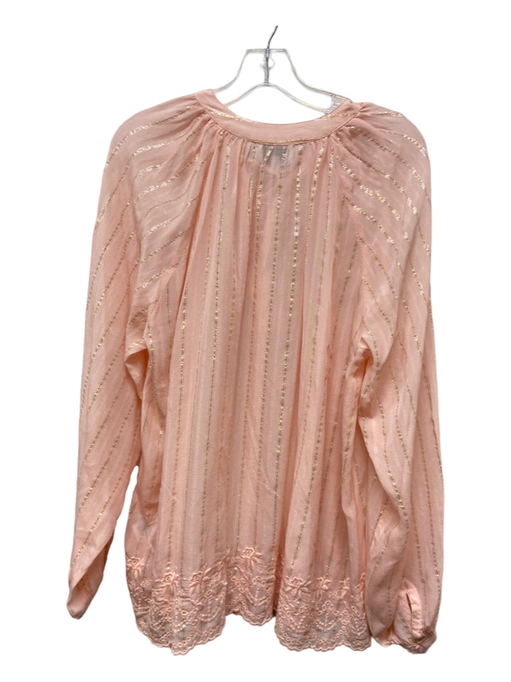 Jade Johnny Was, Jade Johnny Was Size L Pink & Gold Silk Long Sleeve Striped Metallic Thread Top