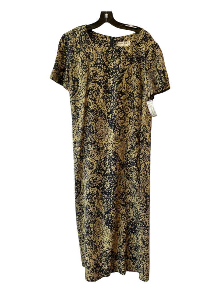 Jaeger, Jaeger Size 14 Tan & black Silk Round Neck Short Sleeve Paisley Back Zip Dress