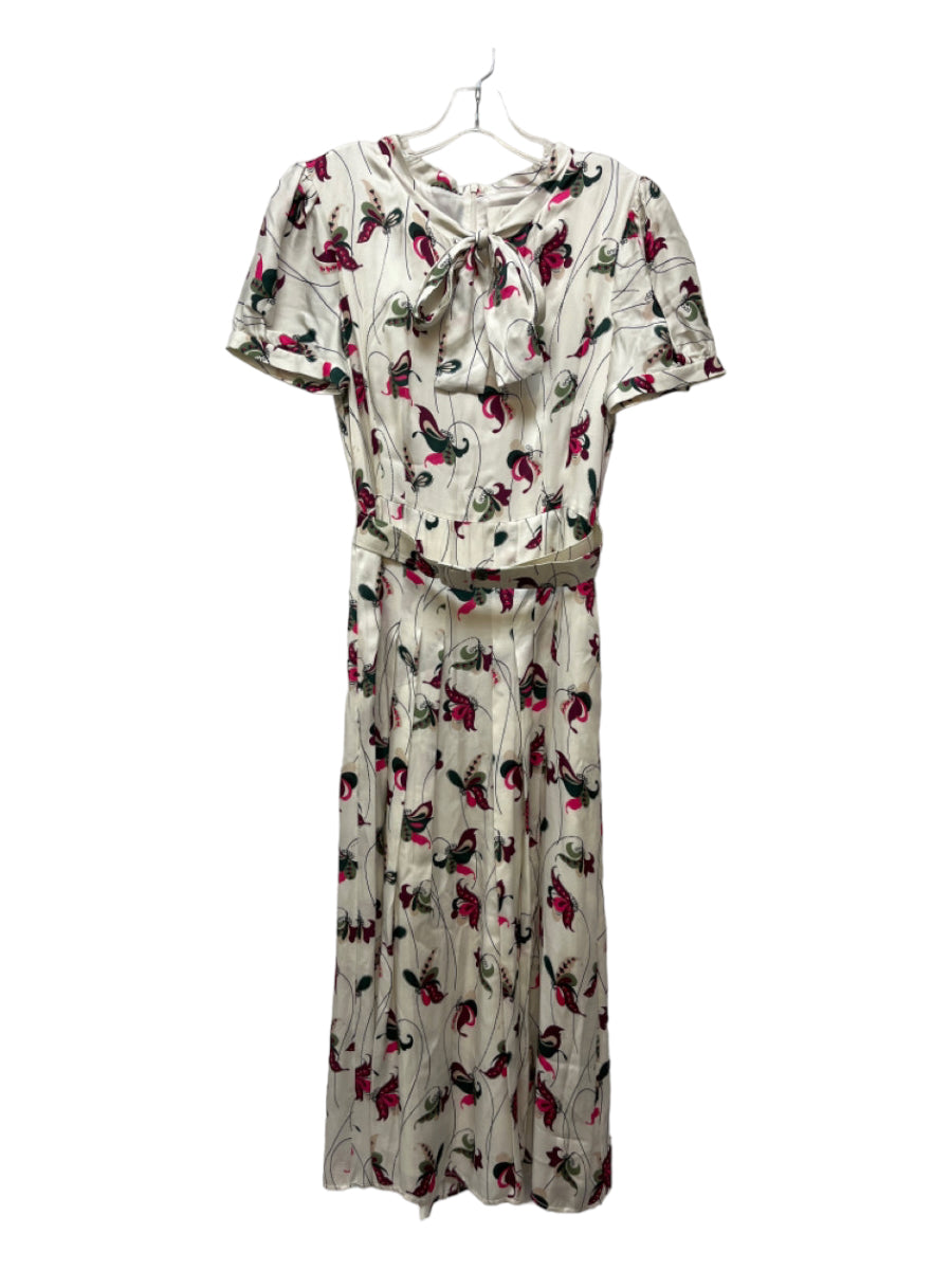 Jane, Jane Size 8 White, Green, Pink Viscose Floral V Neck Belt short sleeve Dress