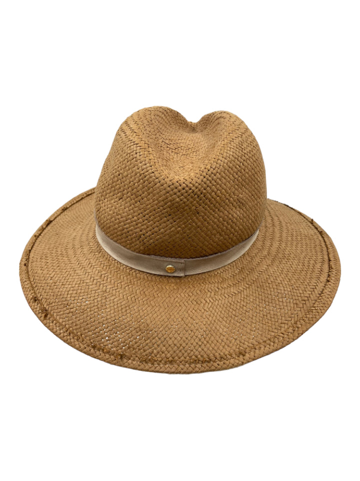 Janessa Leone, Janessa Leone Brown & Tan Straw Leather Detail Hat