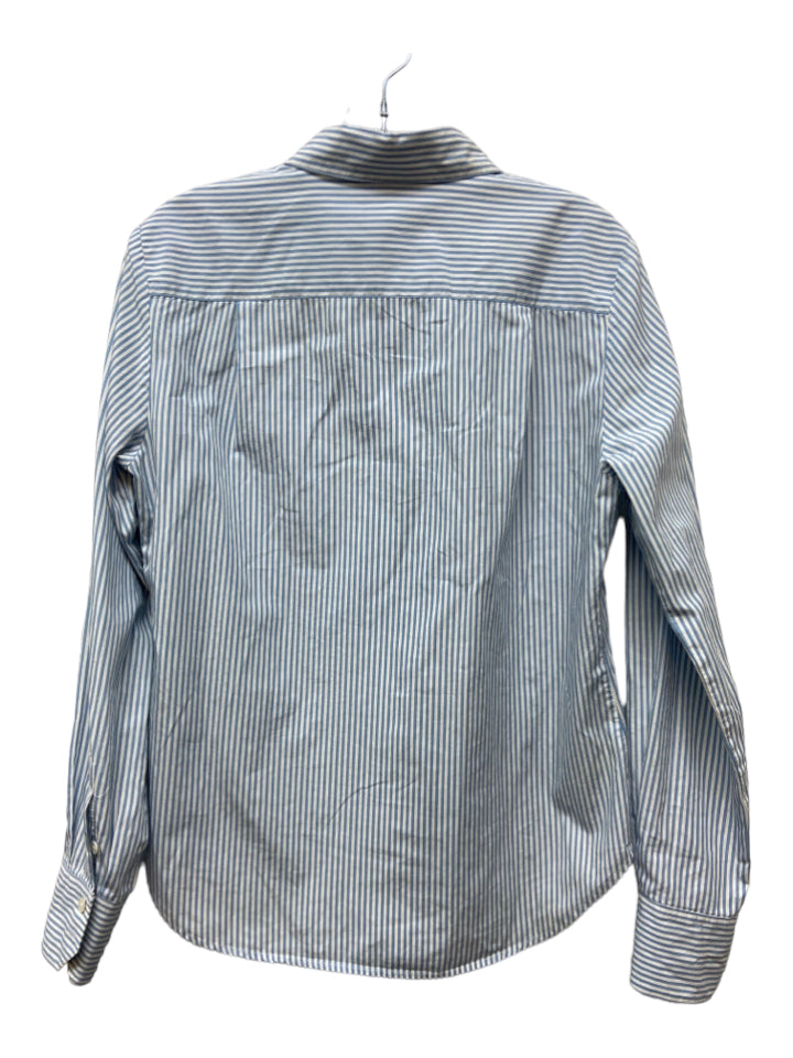 Jigsaw, Jigsaw Size 12 White & Blue Cotton Striped Button Down Long Sleeve Top