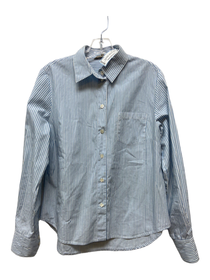 Jigsaw, Jigsaw Size 12 White & Blue Cotton Striped Button Down Long Sleeve Top