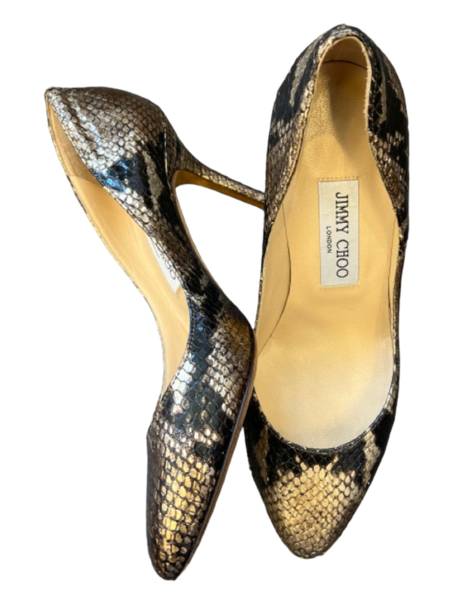 Jimmy Choo, Jimmy Choo Shoe Size 36 Gold & Black Leather Snake Skin Stiletto Pumps