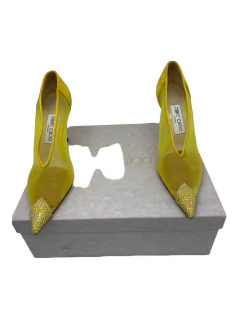 Jimmy Choo, Jimmy Choo Shoe Size 37 Yellow Satin & Mesh Jeweled Pointed Toe Pumps