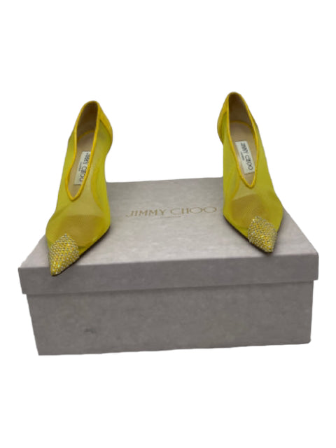 Jimmy Choo, Jimmy Choo Shoe Size 37 Yellow Satin & Mesh Jeweled Pointed Toe Pumps