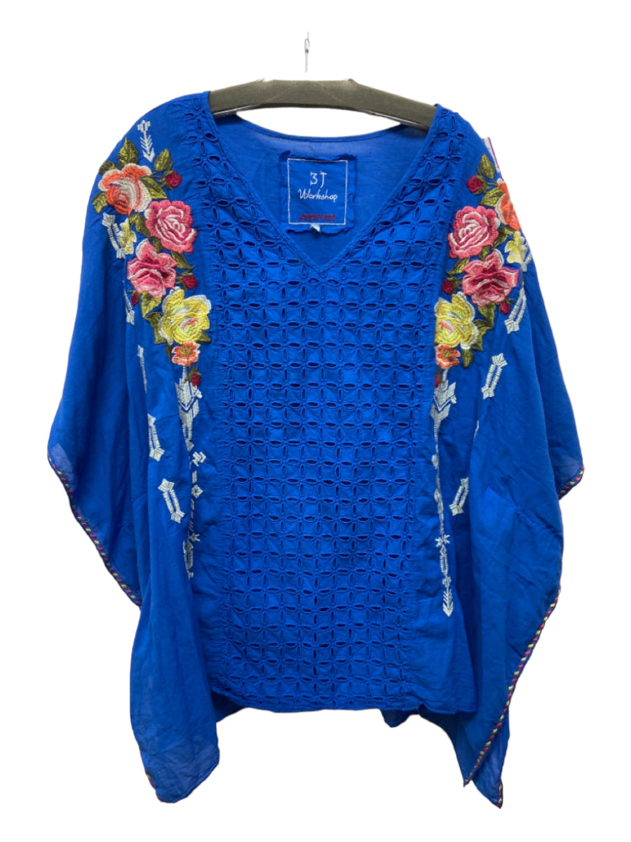 Johnny Was 3J, Johnny Was 3J Size XL Blue & Multi Cotton Embroidered Floral eyelet Top