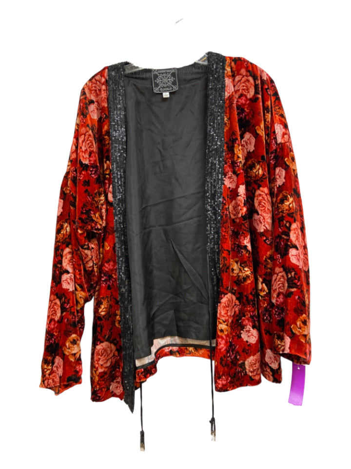 Johnny Was Jade, Johnny Was Jade Size L Red, Pink, Black Rayon & Silk Velvet Floral Cardigan