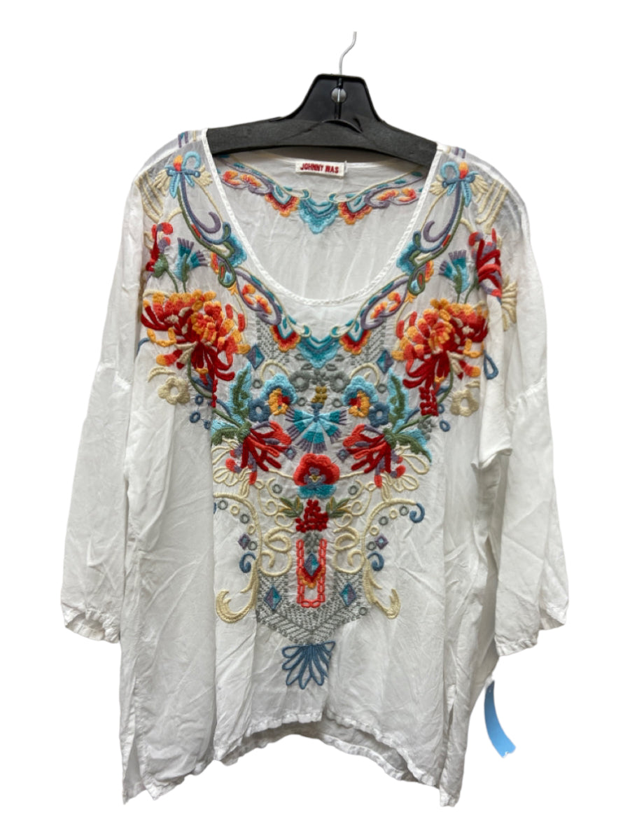 Johnny Was, Johnny Was Size L White & Multi Silk Embroidered Top