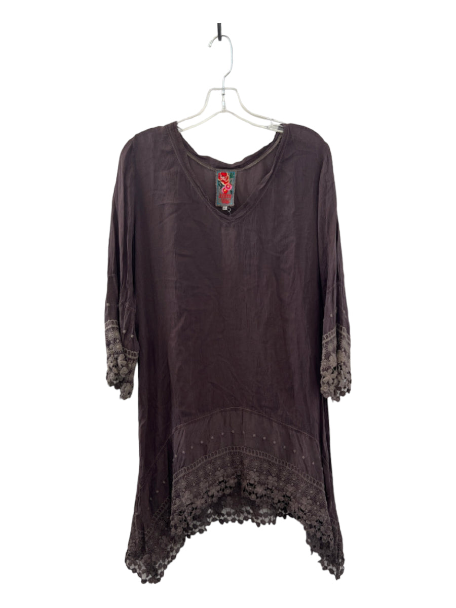 Johnny Was, Johnny Was Size M Grayish Brown Silk V Neck Tunic Flowy Lace Sleeve Detail Dress