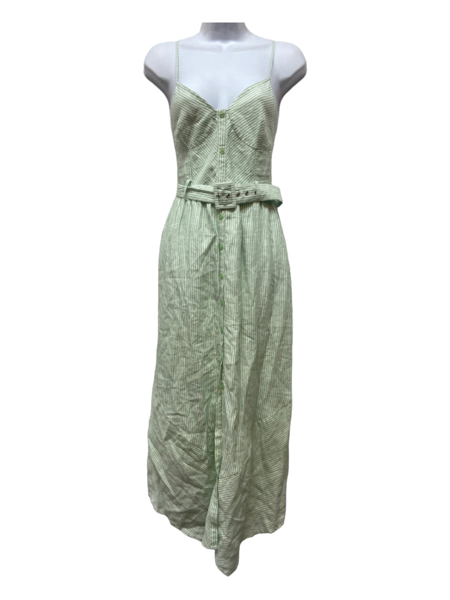 Jonathan Simkhai, Jonathan Simkhai Size S Green & White Linen Vertical Stripes Button Front Dress