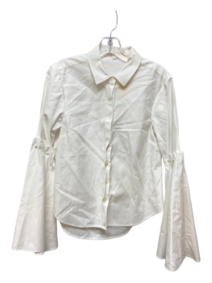 Jonathan Simkhai, Jonathan Simkhai Size S White Cotton Faux Pearl Button Up Flare Sleeves Top