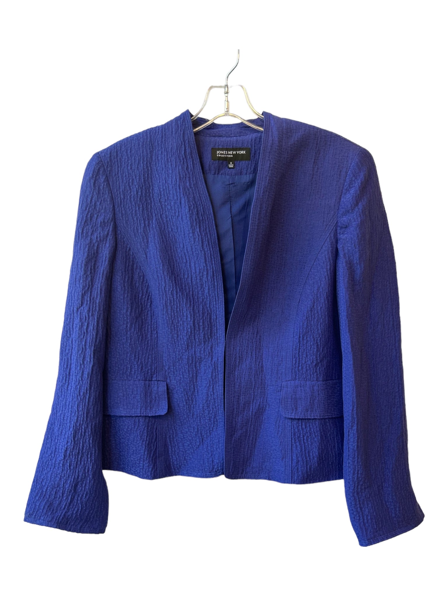 Jones New York, Jones New York Size 8 Blue Linen Front Pockets Open Front Clasp Close Jacket