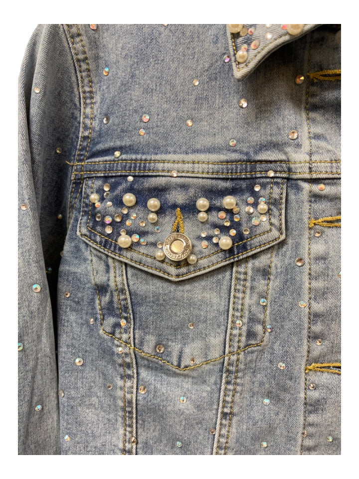 Joseph Ribhoff, Joseph Ribhoff Size XS Light Wash Cotton Denim Pearl Application Jeweled Jacket