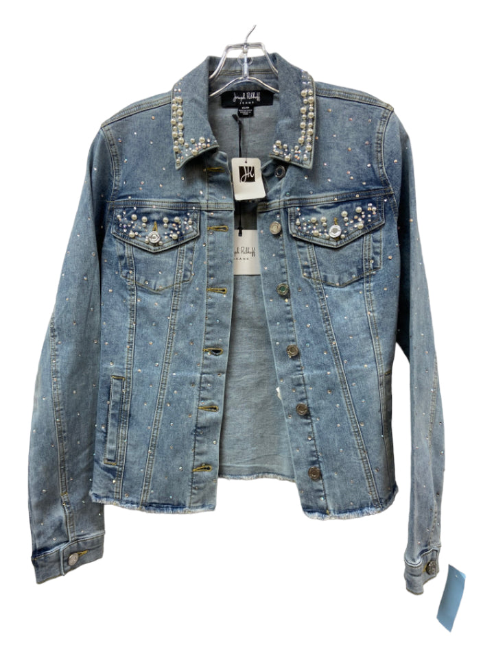 Joseph Ribhoff, Joseph Ribhoff Size XS Light Wash Cotton Denim Pearl Application Jeweled Jacket