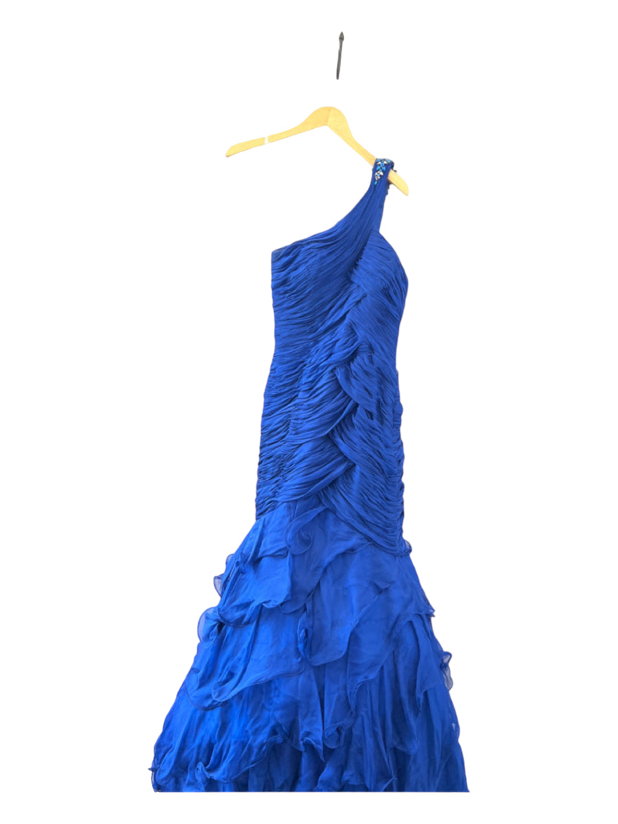 Jovani, Jovani Size 10 Electric Blue Polyester One Shoulder Gathered Ruffles Gown