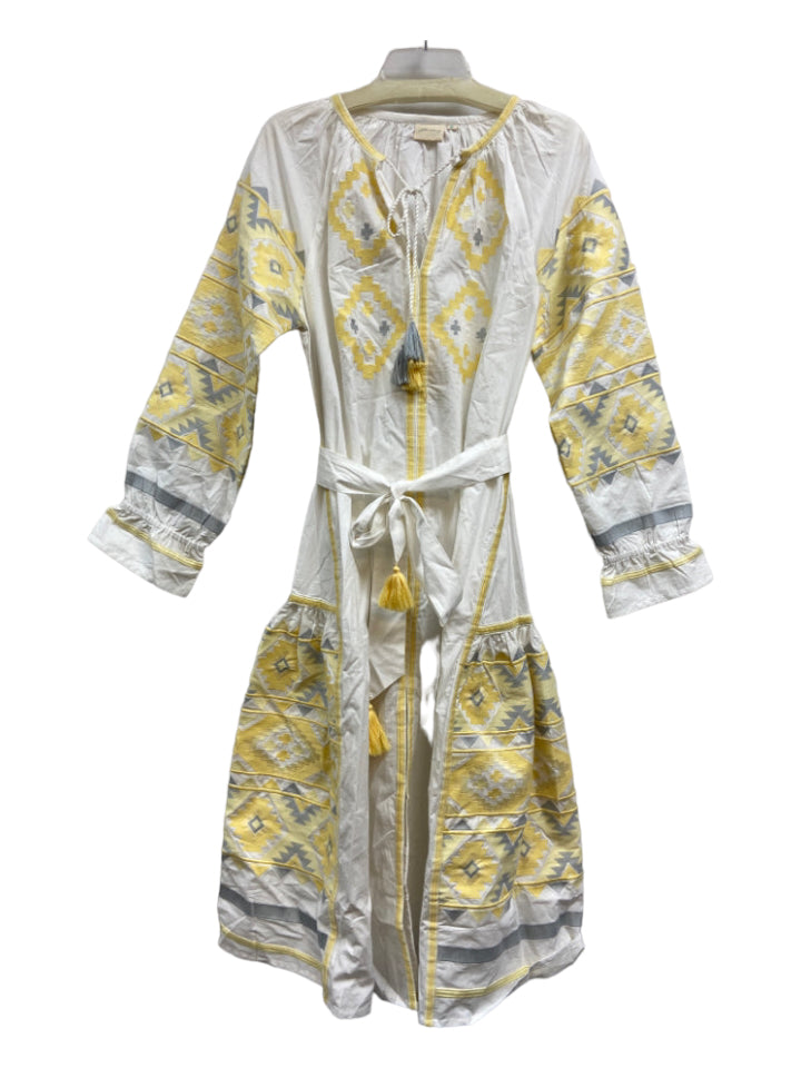 Julia Amory, Julia Amory Size S White, Yellow, Gray Cotton Embroidered Tassels Midi Dress