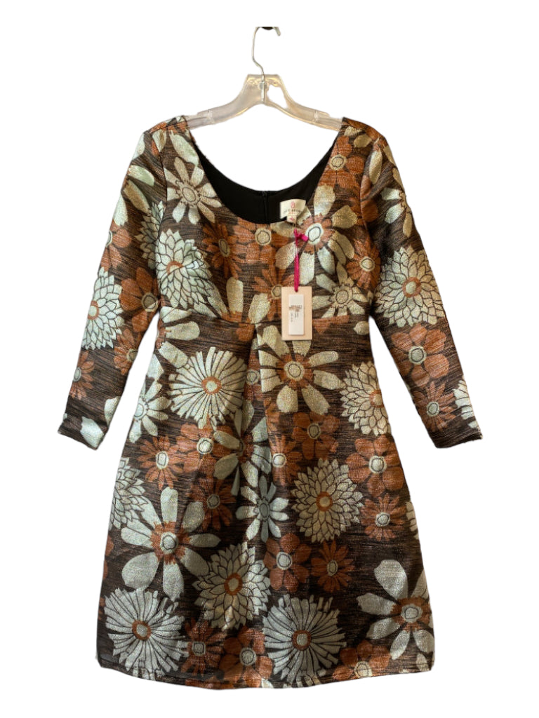 Julie Brown, Julie Brown Size 2 Brown & Silver Round Neck Long Sleeve Floral Print Dress