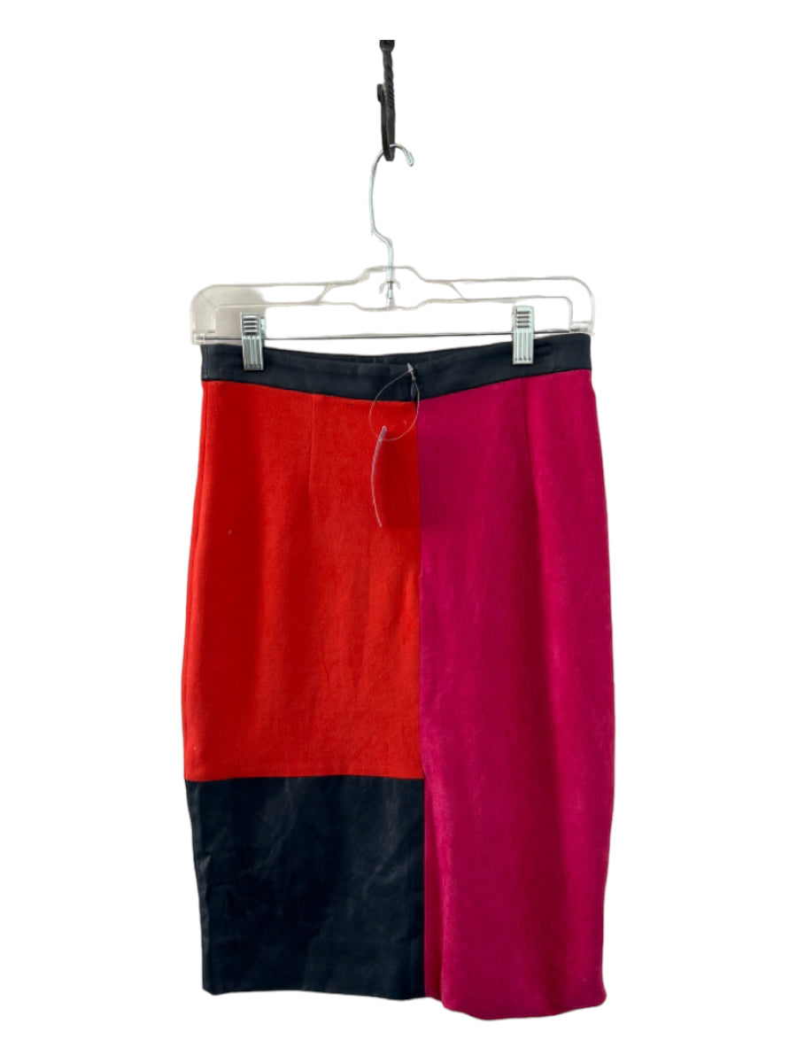 Julie Brown, Julie Brown Size 2 Navy, Orange & Pink Pleather Suede Colorblock Midi Skirt