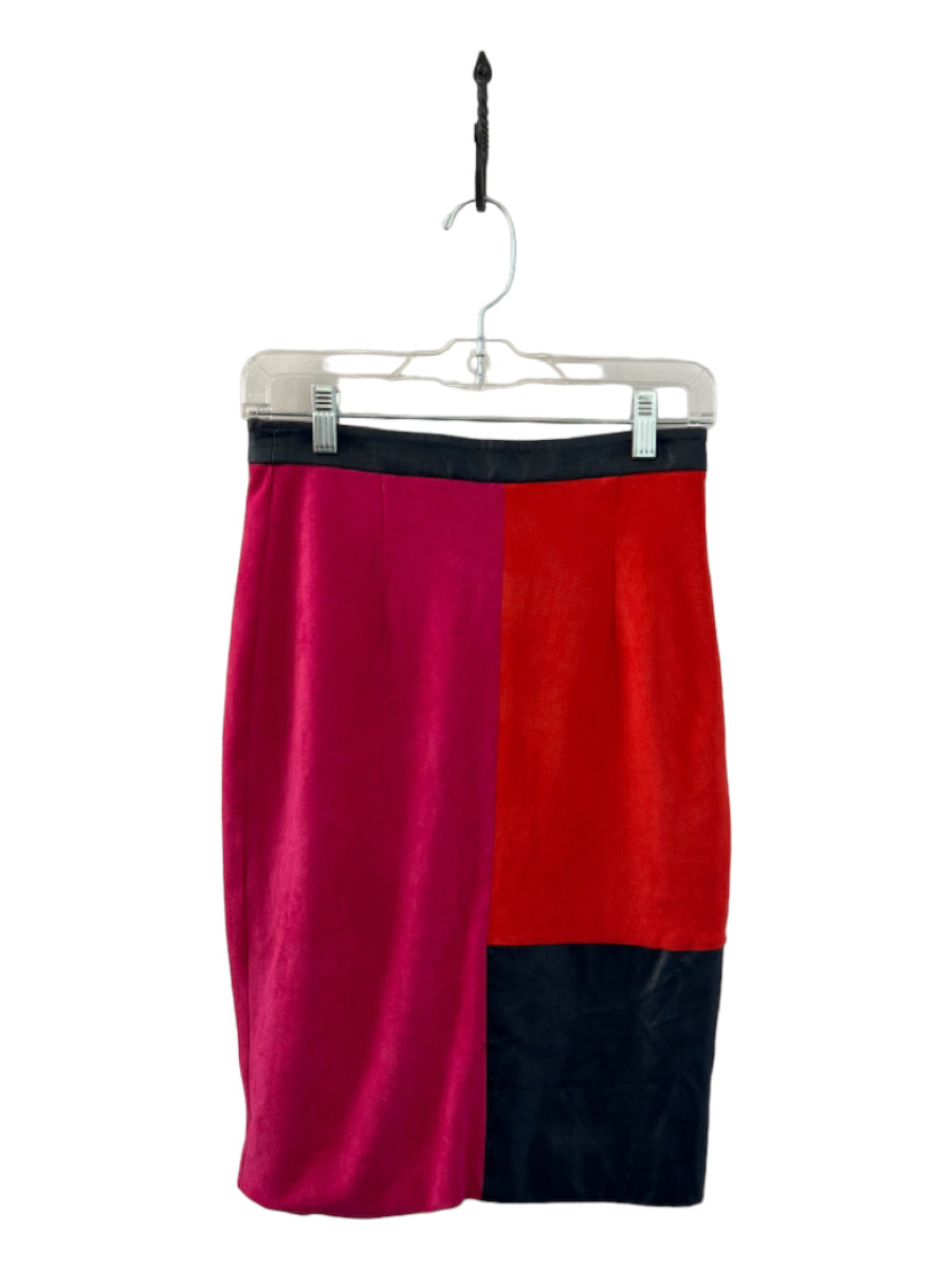 Julie Brown, Julie Brown Size 2 Navy, Orange & Pink Pleather Suede Colorblock Midi Skirt