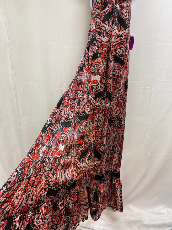 Just Cavalli, Just Cavalli Size 44/M Red, Black, Gray Silk Paisley Ruffle Straps Maxi Dress