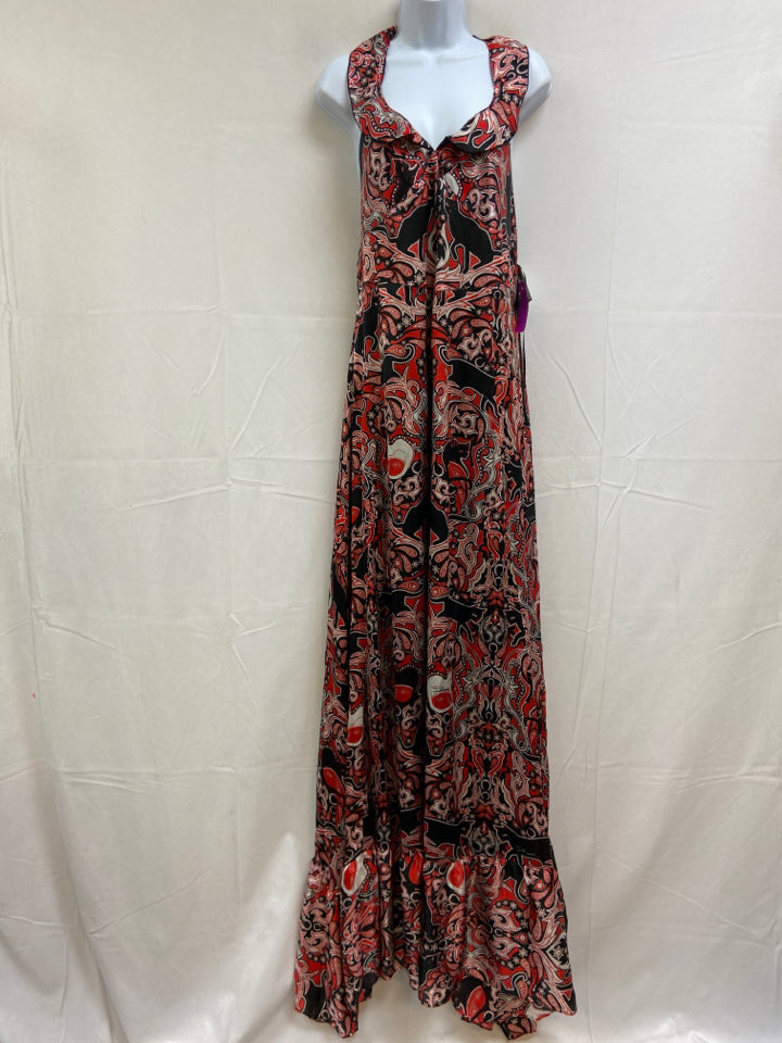 Just Cavalli, Just Cavalli Size 44/M Red, Black, Gray Silk Paisley Ruffle Straps Maxi Dress