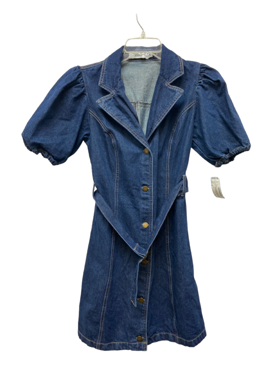 Just Fab, Just Fab Size M Blue Cotton Denim Button Front Belt Inc. Short Puff Sleeve Dress