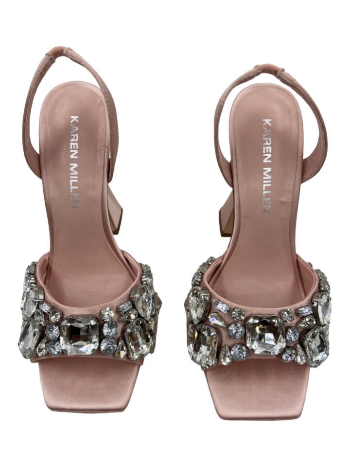 Karen Millen, Karen Millen Shoe Size 37 Pink Satin Jeweled Platform Open Toe Slingback Pumps