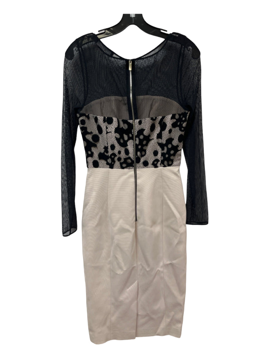 Karen Millen, Karen Millen Size 6 Beige & Black Acetate Back Zip Lace Abstract Dress