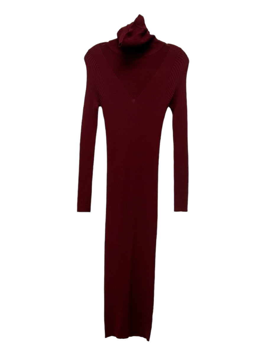 Karen Millen, Karen Millen Size XS Burgundy Viscose Rib Knit Turtle Neck Long Sleeve Dress