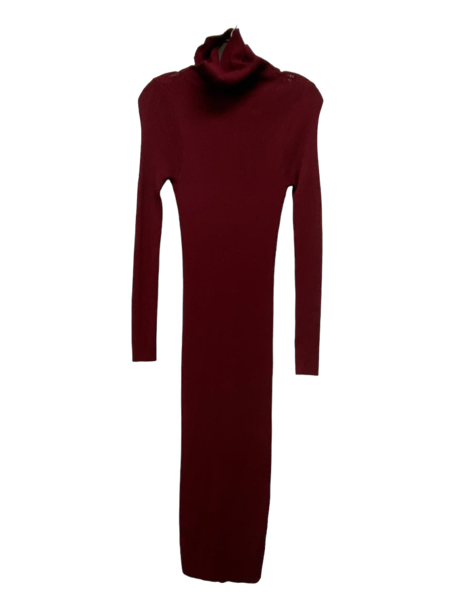 Karen Millen, Karen Millen Size XS Burgundy Viscose Rib Knit Turtle Neck Long Sleeve Dress