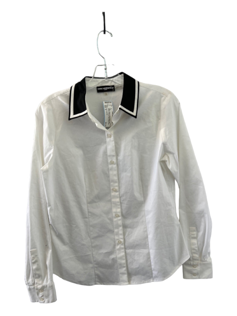 Karl Lagerfeld, Karl Lagerfeld Size S White & Black Cotton Blend Long Sleeve Contrast Collar Top