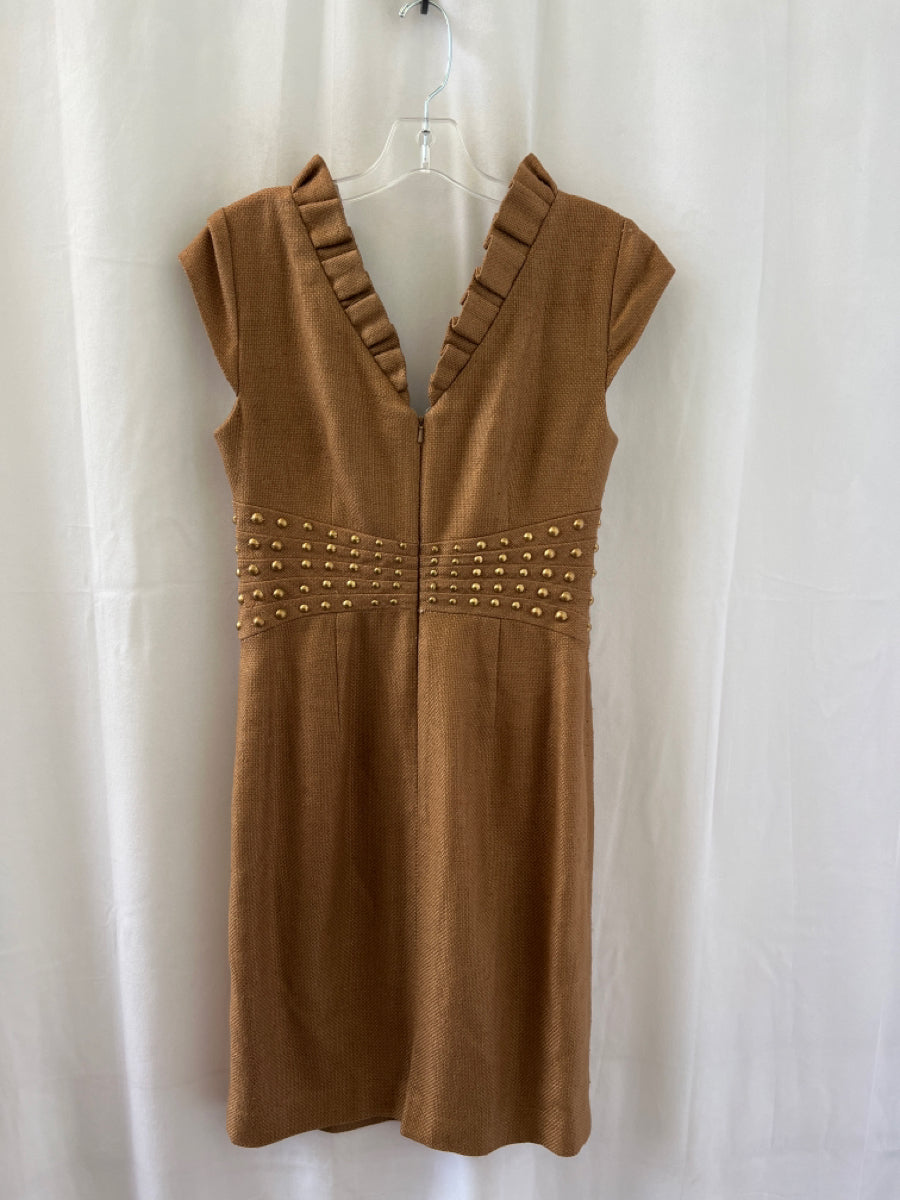 Kay Unger, Kay Unger Size 8 Brown Polyester Mini V Neck Ruffle Stud Detail Dress