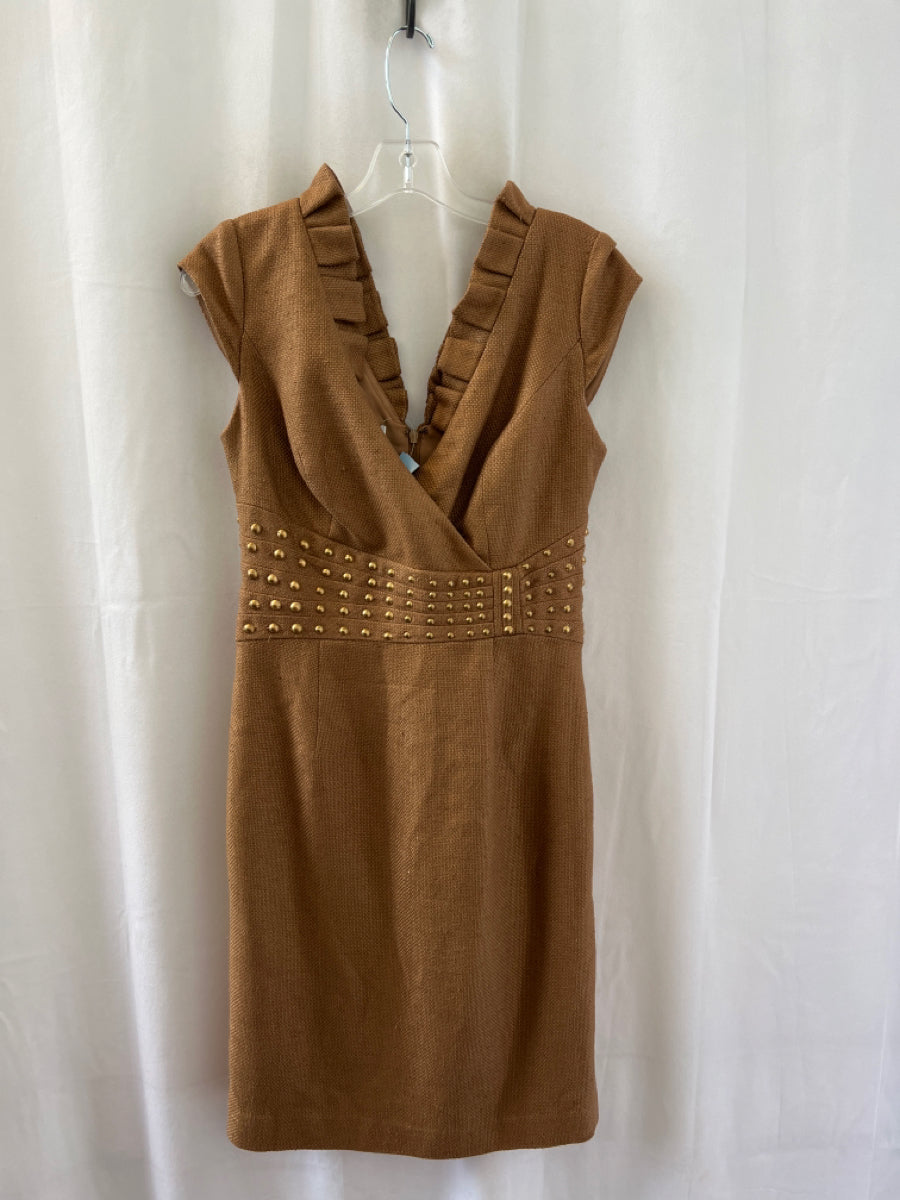 Kay Unger, Kay Unger Size 8 Brown Polyester Mini V Neck Ruffle Stud Detail Dress