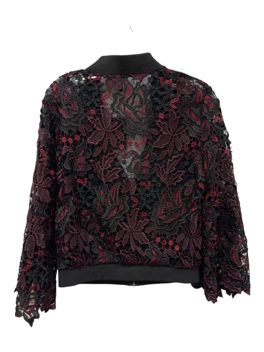 Kobi, Kobi Size S Black & Burgundy Polyester Zipper Floral Crochet Long Sleeve Jacket